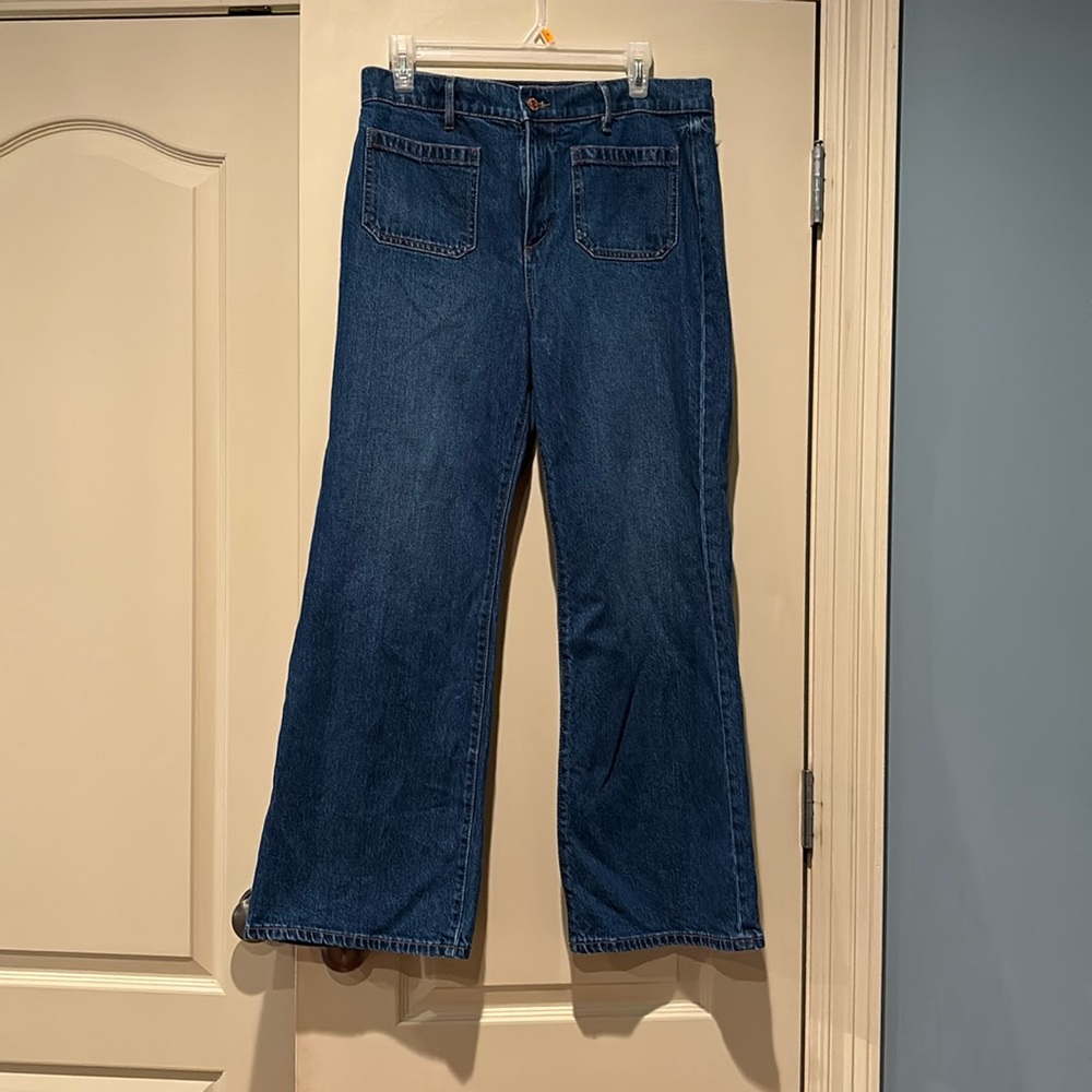 Loft Petite Patch Pocket High Rise Wide Leg Jeans In Vintage Dark Wash size 10